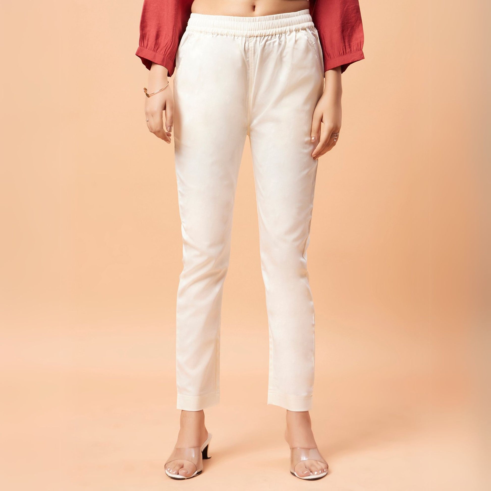 Off-White Cotton Satin Cigarette Pant - Main Image