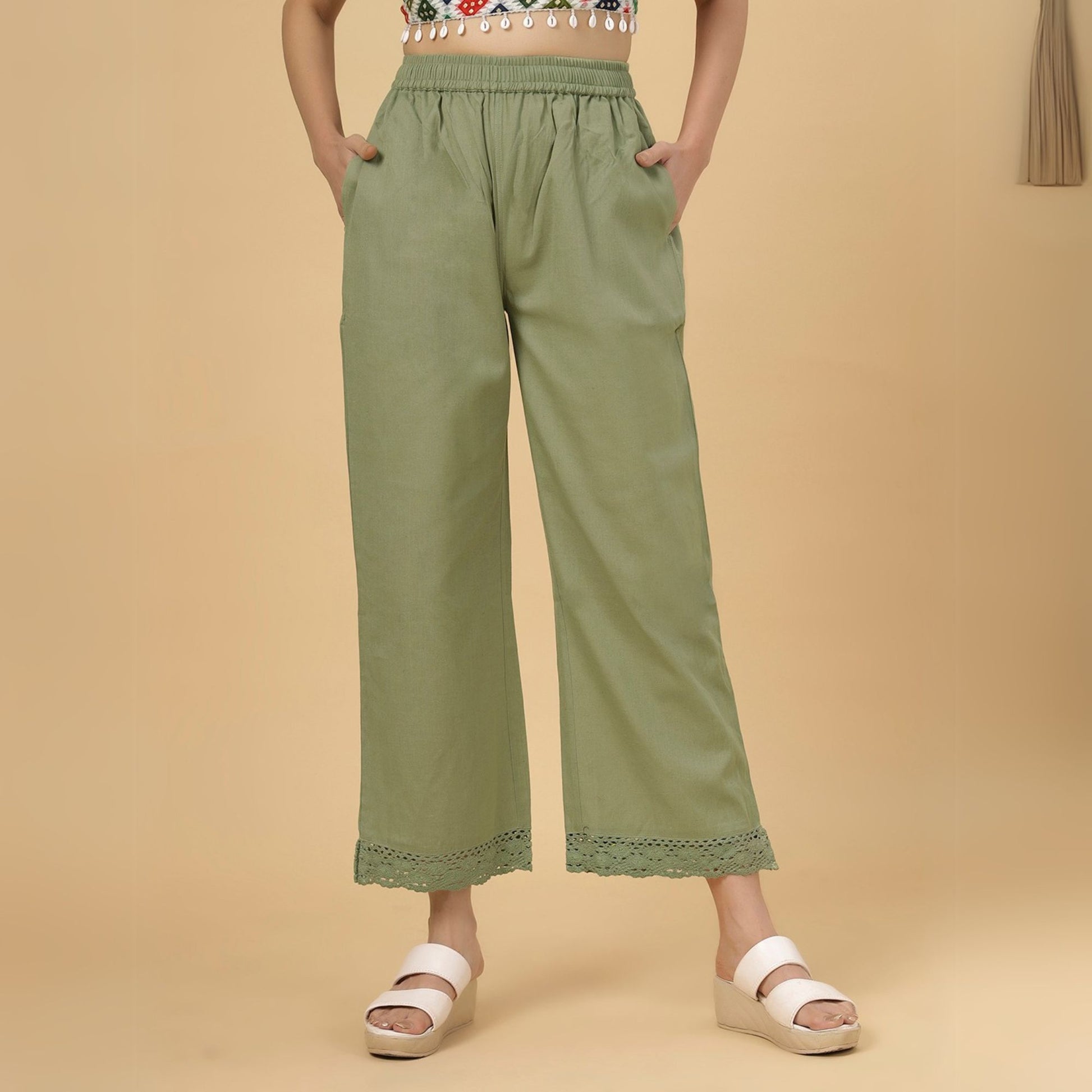 Olive Green Linen Lace Palazzo Stylish Wide-Leg Trousers with Lace