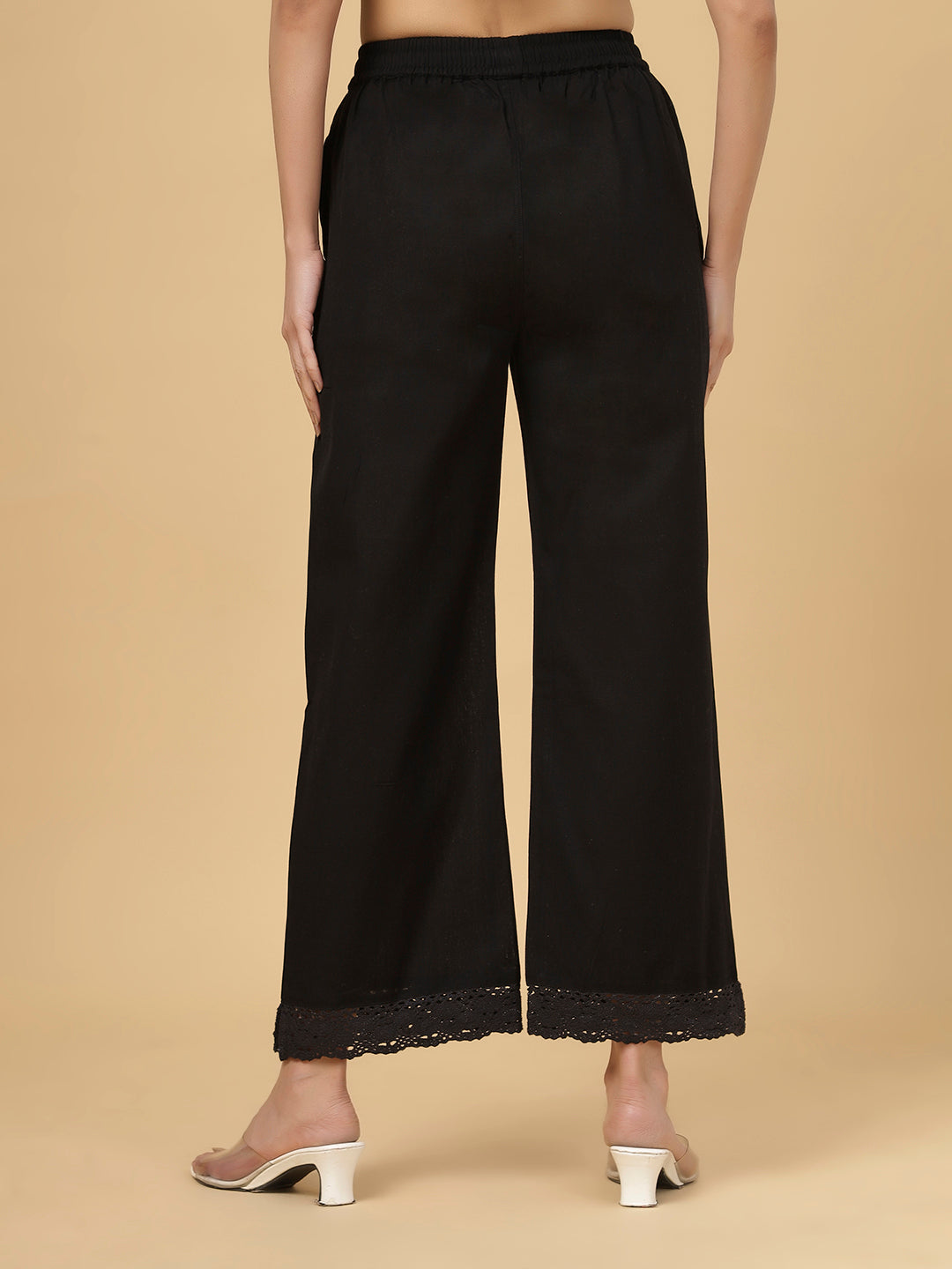 Black Linen Lace Palazzo - Elegant Wide-Leg Trousers with Lace
